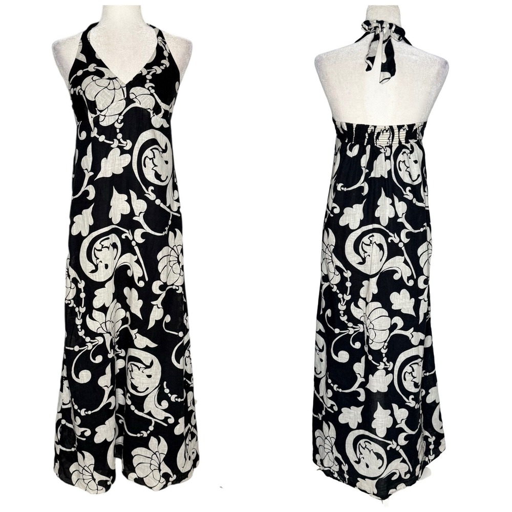 Y2K Old Navy Floral Maxi Dress Black White S Linen Blend Babydoll Halter Beachy